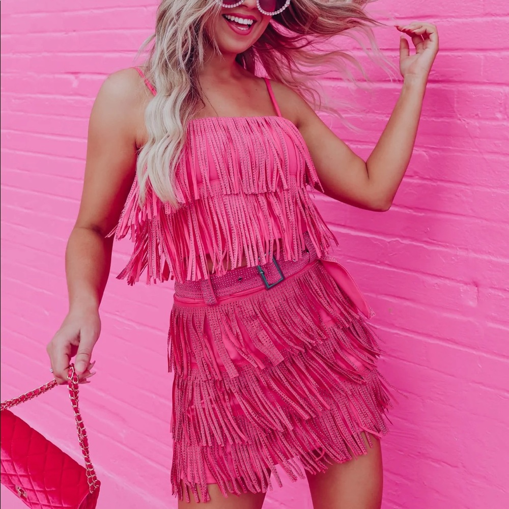 Rhinestone Diva Fringe Crop Top and Matching Skirt in Pink